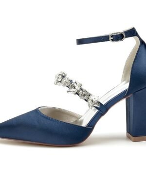 Luxurious Satin Rhinestone Chunky Heel Pointed Toe Ankle Strap Wedding Pumps - Image 18