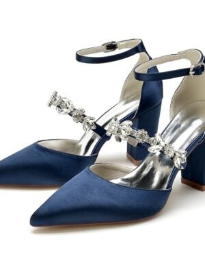 Luxurious Satin Rhinestone Chunky Heel Pointed Toe Ankle Strap Wedding Pumps - Image 20