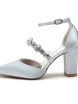 Luxurious Satin Rhinestone Chunky Heel Pointed Toe Ankle Strap Wedding Pumps - Image 21