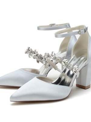Luxurious Satin Rhinestone Chunky Heel Pointed Toe Ankle Strap Wedding Pumps - Image 22