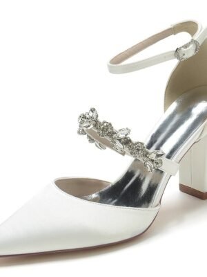 Luxurious Satin Rhinestone Chunky Heel Pointed Toe Ankle Strap Wedding Pumps - Image 3