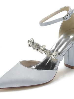 Luxurious Satin Rhinestone Chunky Heel Pointed Toe Ankle Strap Wedding Pumps - Image 4