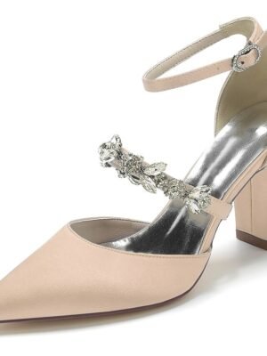 Luxurious Satin Rhinestone Chunky Heel Pointed Toe Ankle Strap Wedding Pumps - Image 5