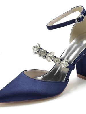 Luxurious Satin Rhinestone Chunky Heel Pointed Toe Ankle Strap Wedding Pumps - Image 6