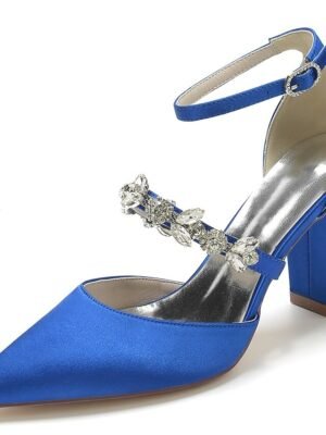 Luxurious Satin Rhinestone Chunky Heel Pointed Toe Ankle Strap Wedding Pumps - Image 7