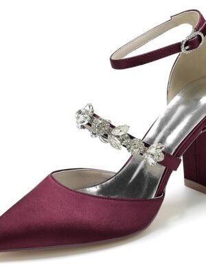 Luxurious Satin Rhinestone Chunky Heel Pointed Toe Ankle Strap Wedding Pumps - Image 8