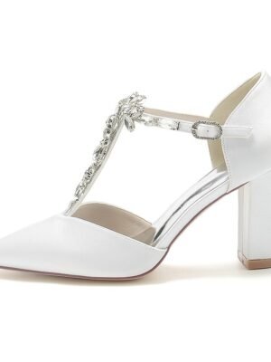 Luxurious Satin Rhinestone Chunky Heel Pointed Toe T-Strap Bridal Shoes - Image 8