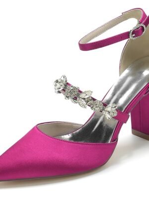Luxurious Satin Rhinestone Chunky Heel Pointed Toe Ankle Strap Wedding Pumps - Image 9