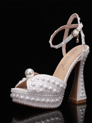 Luxury Pearl-Embellished Platform Ankle Strap Wedding Shoes - Image 1