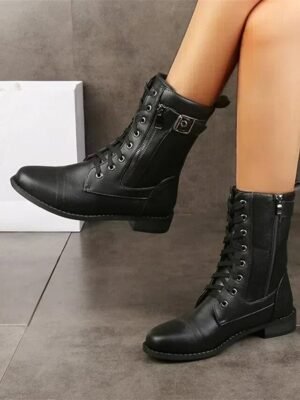 Military-Inspired Mid-Calf Lace-Up Black Combat Boots - Image 1