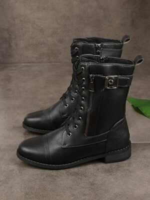 Military-Inspired Mid-Calf Lace-Up Black Combat Boots - Image 2