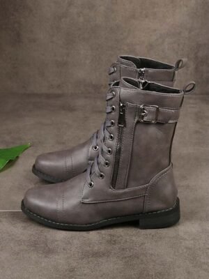 Military-Inspired Mid-Calf Lace-Up Black Combat Boots - Image 4