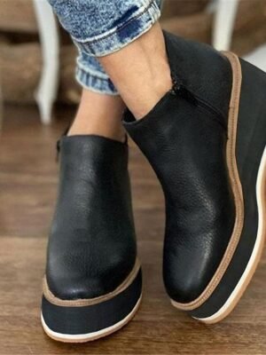Minimalism Casual Black Round Toe Ankle Wedge Boots - Image 1