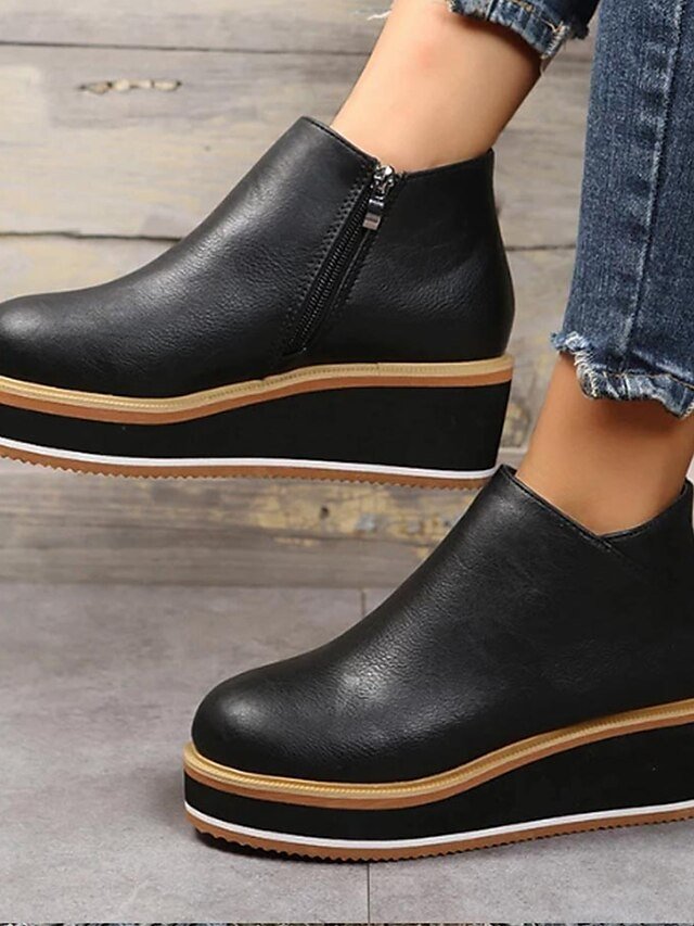 Minimalism Casual Black Round Toe Ankle Wedge Boots - Image 2