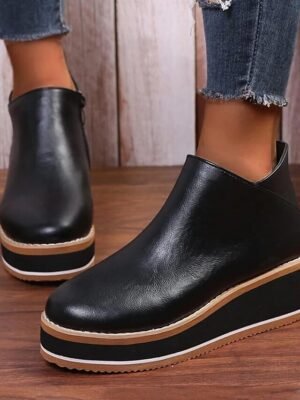 Minimalism Casual Black Round Toe Ankle Wedge Boots - Image 3