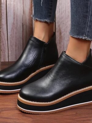 Minimalism Casual Black Round Toe Ankle Wedge Boots - Image 4