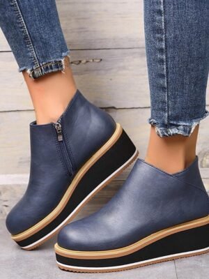 Minimalism Casual Black Round Toe Ankle Wedge Boots - Image 6