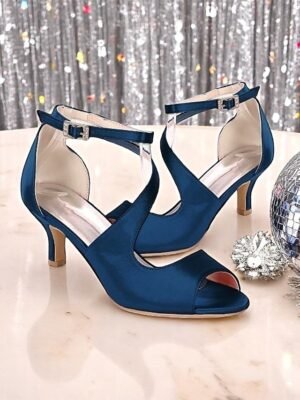 Minimalism Kitten Heel Satin Open Toe Ankle Strap Wedding Shoes - Image 1