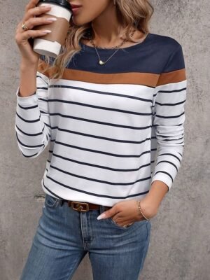 Modern Casual Colour Block Crew Neck Long Sleeve Regular Top - Image 1