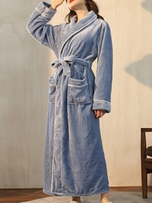 Modern Loose Pure Colour V Wire Long Sleeve Fleece Bathrobe - Image 1
