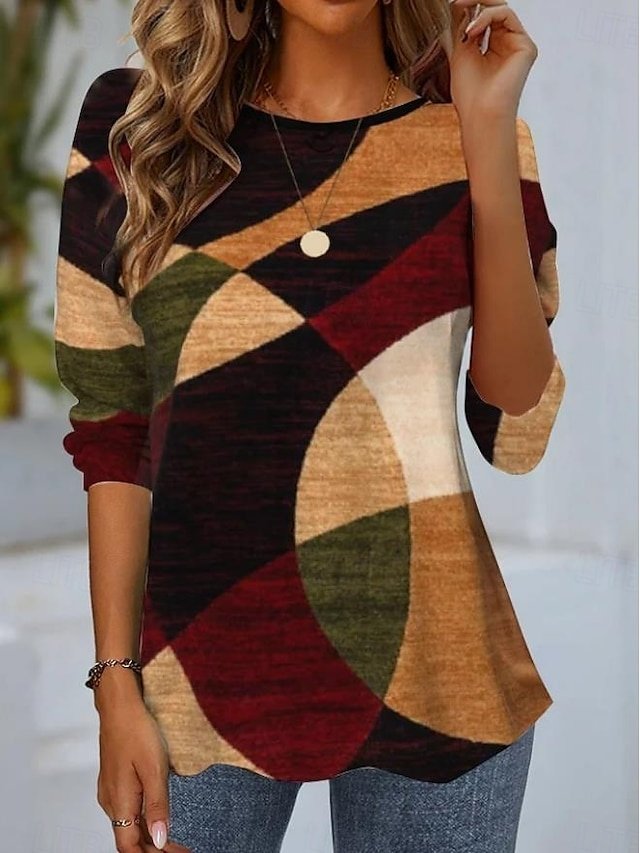 Modern Regular Geometric Crew Neck Long Sleeve Top - Image 1