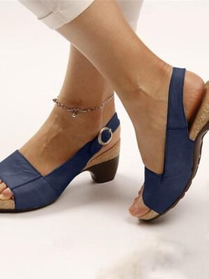 Navy Blue Slingback Wedge Open Toe Buckle Sandals - Image 1
