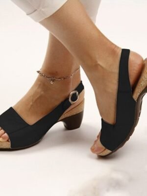 Navy Blue Slingback Wedge Open Toe Buckle Sandals - Image 6