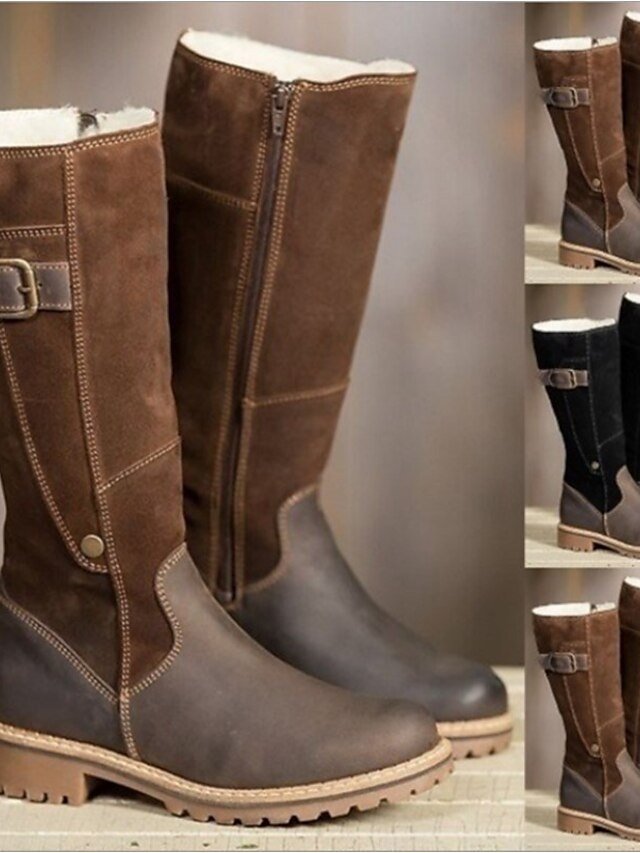 Outdoor Knee-High Brown Leather Suede Fur-Lined Boots - Image 1