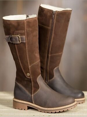 Outdoor Knee-High Brown Leather Suede Fur-Lined Boots - Image 4