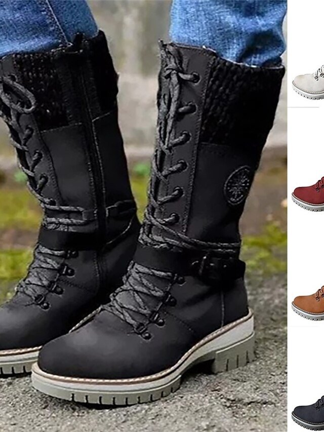 Outdoor Warm Combat Lace-Up Knit Cuff Winter Boots - Image 1