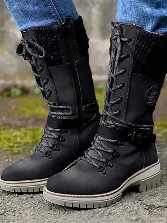 Outdoor Warm Combat Lace-Up Knit Cuff Winter Boots - Image 2