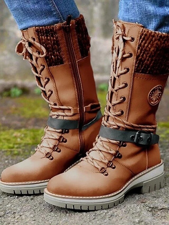 Outdoor Warm Combat Lace-Up Knit Cuff Winter Boots - Image 5