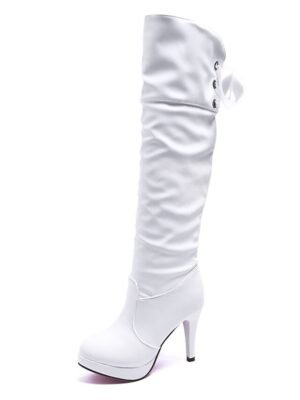 Party Fitted White Round Toe Knee-High Stiletto Boots - Image 3