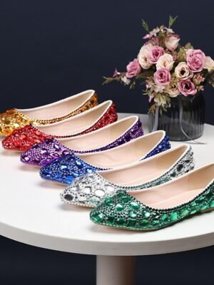 Party Rhinestone Pointed Toe Faux Leather Flat Shoes - Image 1
