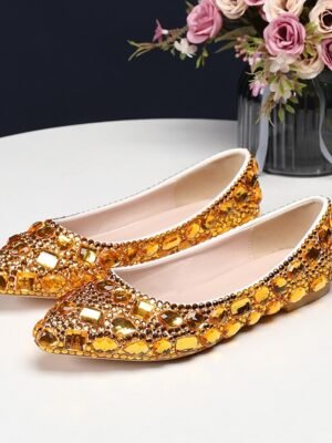 Party Rhinestone Pointed Toe Faux Leather Flat Shoes - Image 10