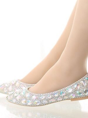 Party Rhinestone Pointed Toe Faux Leather Flat Shoes - Image 14
