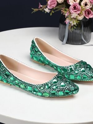 Party Rhinestone Pointed Toe Faux Leather Flat Shoes - Image 8