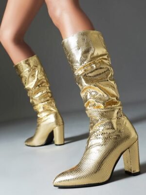 Party Slouchy Shiny Snake Print Knee-High Block Heel Boots - Image 17