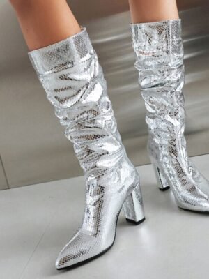 Party Slouchy Shiny Snake Print Knee-High Block Heel Boots - Image 3