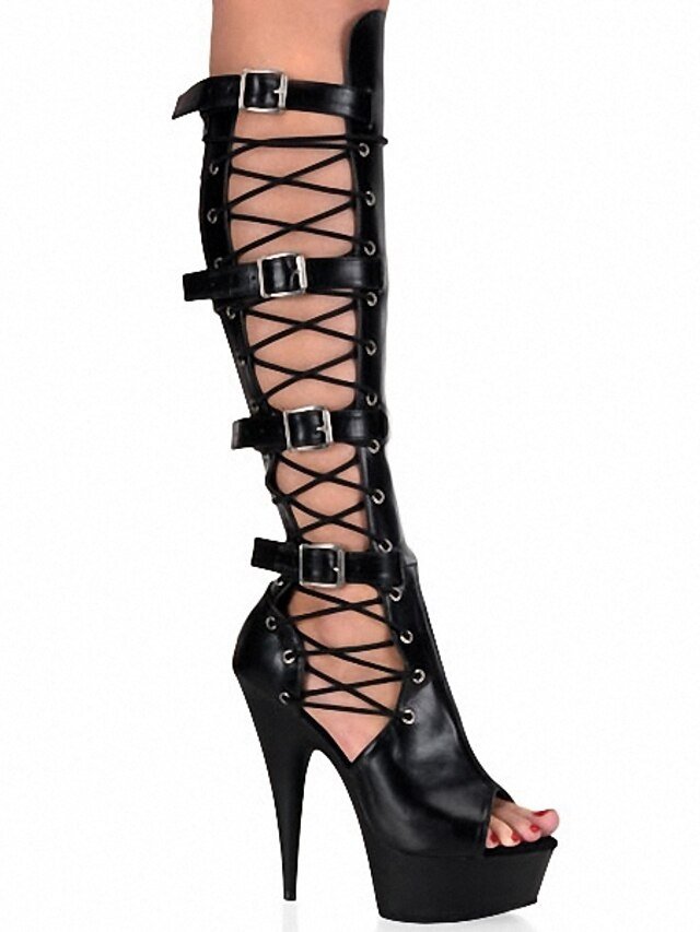 Party Stiletto Heel Solid Round Toe Knee High Boots - Image 1
