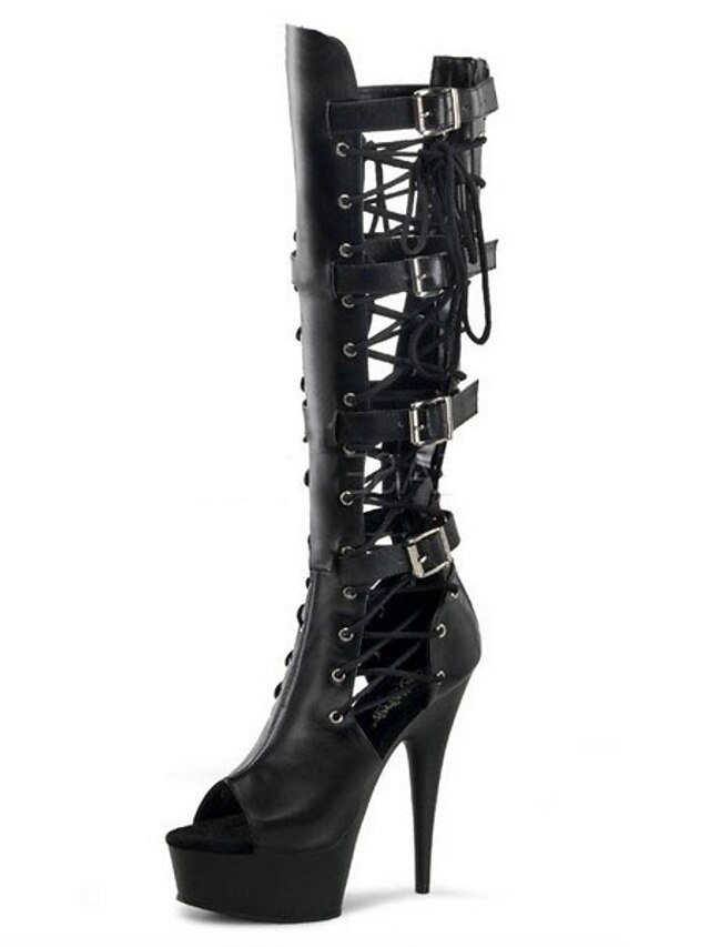 Party Stiletto Heel Solid Round Toe Knee High Boots - Image 3