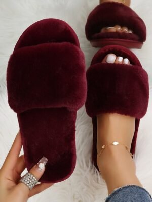 Plush Fuzzy Open-Toe Soft Faux Fur Winter Slippers - Image 1