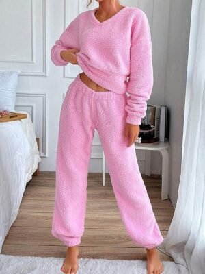 Print Comfort V Neck Long Sleeve Pullover Pajama Set - Image 1