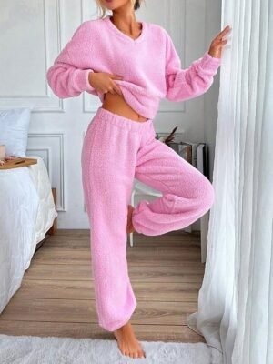 Print Comfort V Neck Long Sleeve Pullover Pajama Set - Image 4