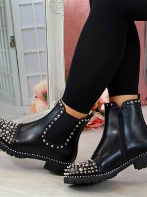 Punk Chunky Studded Round Toe Ankle Chelsea Boots - Image 2