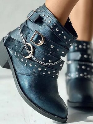 Punk Rock Studded Ankle Buckle Motorcycle Boots - Image 4