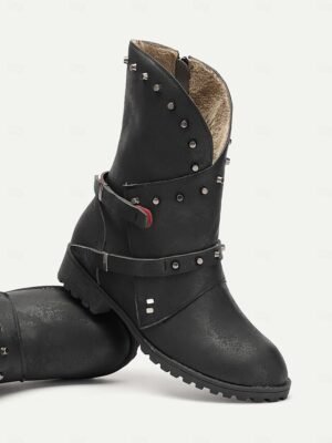 Punk Rock Studded Round Toe Ankle Boots - Image 10
