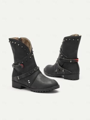 Punk Rock Studded Round Toe Ankle Boots - Image 9