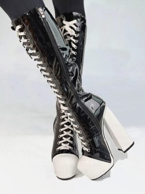 Retro Black and White Knee-High Lace-Up Platform Boots - Image 1