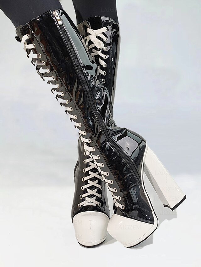 Retro Black and White Knee-High Lace-Up Platform Boots - Image 1